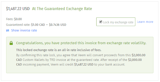 A screen capture from Veem.com showing a locked exchange rate.