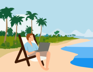 A cartoon figure works on a laptop while sitting on a sandy beach.