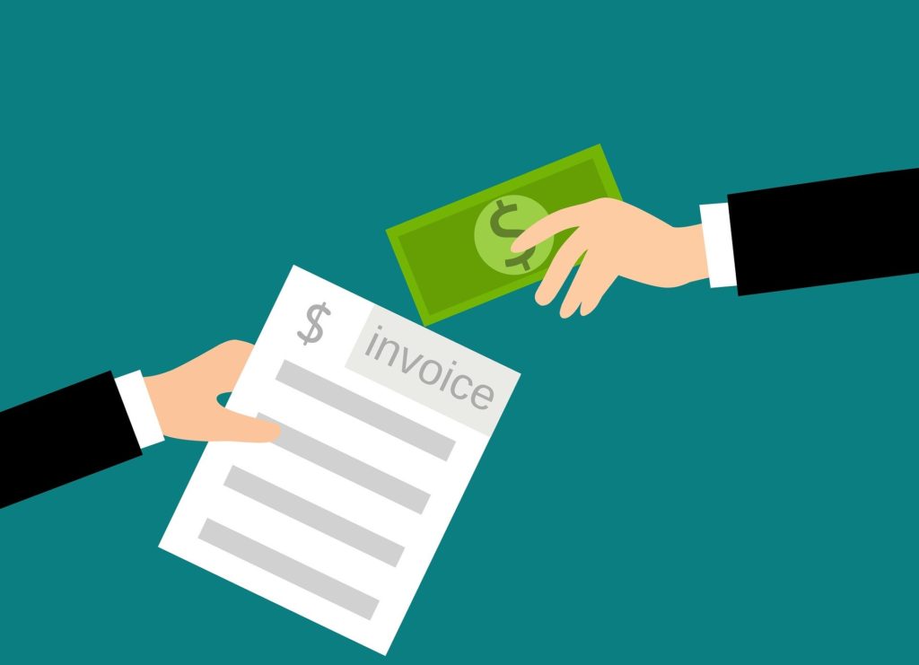 A cartoon depicting an invoice being exchanged for money.
