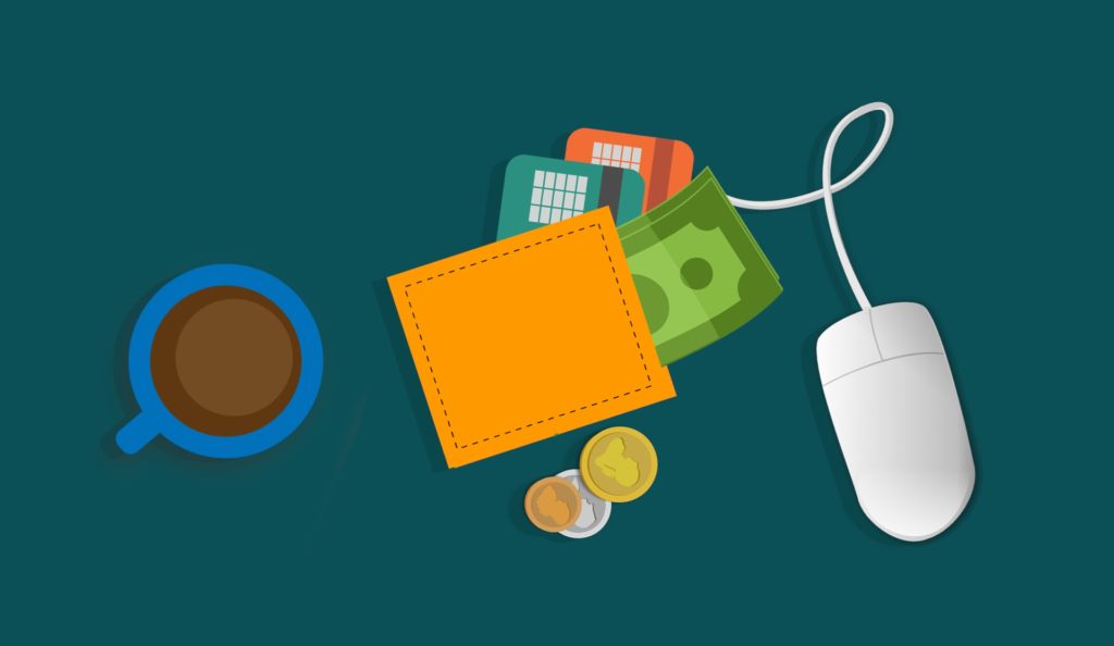 A cartoon mouse connects to a wallet beside a cup of coffee.