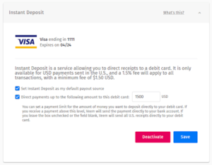 A screenshot of the terms and conditions for Veem's Instant Deposit.