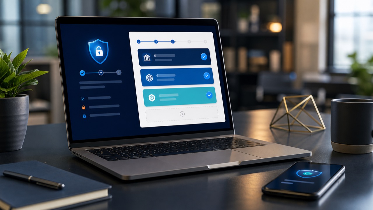 Secure bank account verification interface on a laptop
